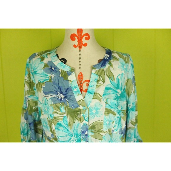 Ecco Bay Sz M Womens Linen/Rayon Tunic Shirt V-neck Roll Tab Pockets Floral EUC - Picture 2 of 10